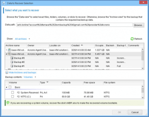 data to recover selection