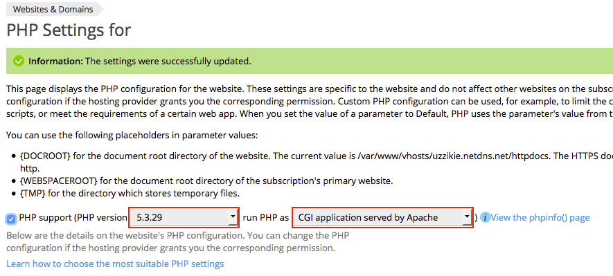 php settings for