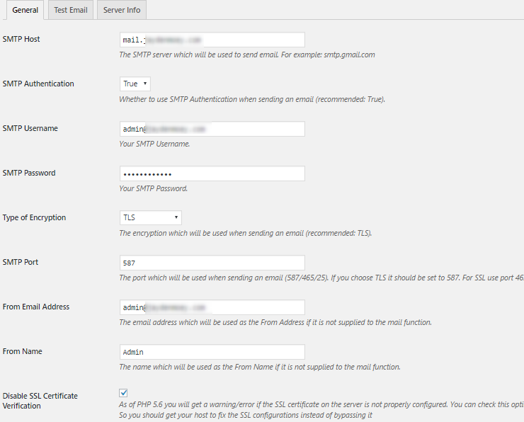 SMTP general settings